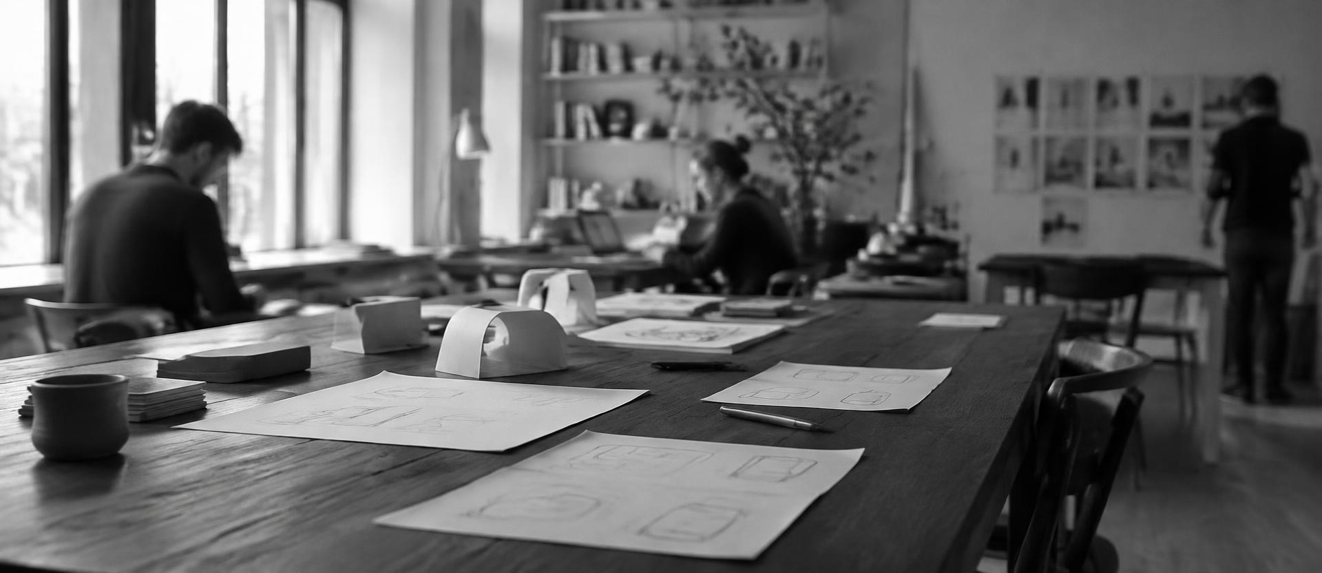 Estúdio LOOOP: mesa com esboços e equipe trabalhando ao fundo